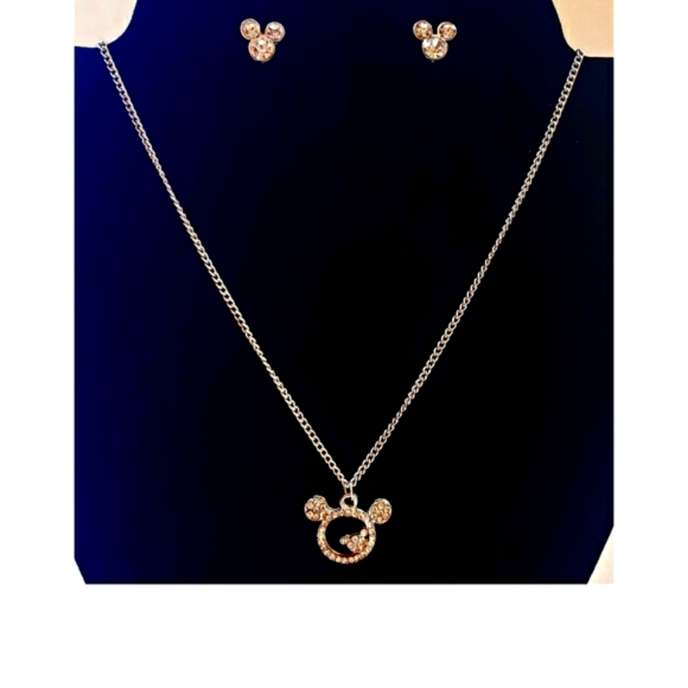 2 PCS RHINESTONE MICKEY MOUSE SILVER TONE NECKLACE & EARRINGS SET "NWOT"